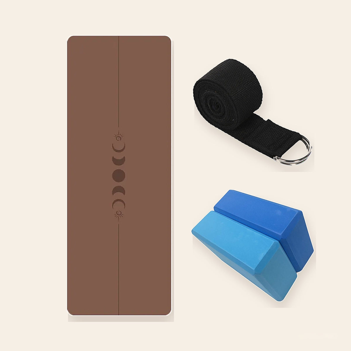Lavafor Practice Set: Classic Mat in Mocha, two blue foam blocks and a black cotton strap